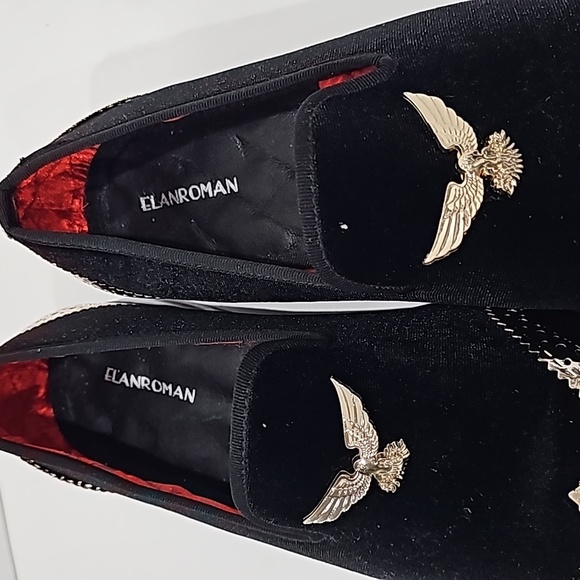 ELANROMAN Men's Sz EU 45 US 11 Black Velvet Gold Eagle Loafer formal Dressy - Picture 10 of 11